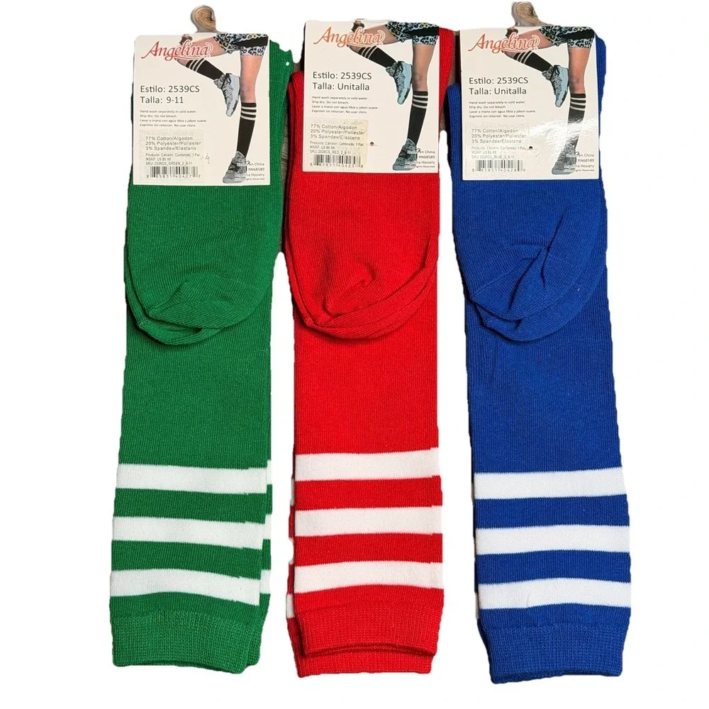 Angelina Knee High Socks Unisex Green-blue-Red W/Stripes 9-11 77% Cotton 3 Pairs